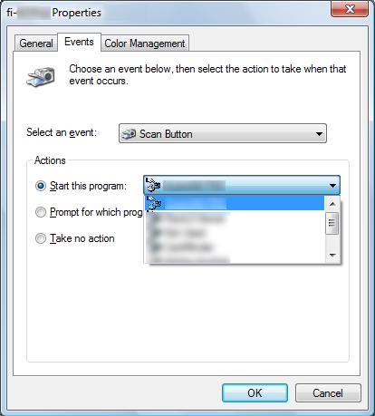 6 Wybierz opcję i aplikację, która ma być uruchomiona po naciśnięciu danego przycisku skanera. Kliknij [Start this program] w [Actions] i wybierz aplikację z rozwijanego menu po prawej stronie.