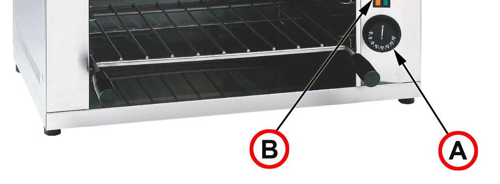 A - wyłącznik z termostatem pracy B - kontrolka włączenia C - kontrolka grzania Przyrząd słuŝy do cieplnej obróbki potraw.