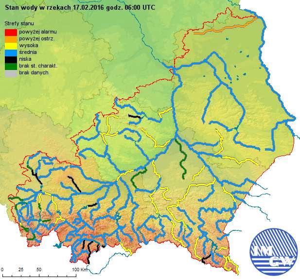 - na granicy strefy stanów wysokich i średnich: na ogół na Sole, Skawie, Popradzie, Nidzie, Jasiołce, Wisłoce, Osławie, oraz na Wisłoku; - w górnej części strefy stanów średnich: na Brynicy powyżej