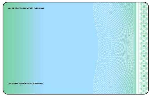 ISO/IEC 7810. 2. Poddruk blankietu legitymacji wykonany w technice offsetowej w standardzie 5 + 4 (CMYK i Pantone 286 na stronie 1 karty oraz CMYK na stronie 2).