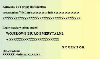 LEGITYMACJA EMERYTA RENCISTY WOJSKOWEGO Wzór nr 41 do nr 20, 23 Legitymacja pozioma, o wymiarach 55 mm x 85 mm, koloru zielono-ŝółteo cieniowanego, materiał karton, dwustronnie foliowana.