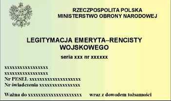 Napisy w kolorze czarnym wykonane róŝną czcionką: po prawej stronie wizerunku orła: RZECZPOSPOLITA POLSKA, poniŝej MINISTERSTWO OBRONY NARODOWEJ, pośrodku LEGITYMACJA EMERYTA RENCISTY WOJSKOWEGO,