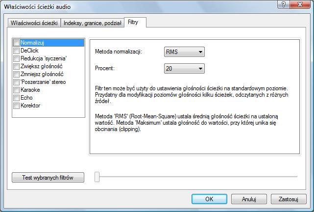 Muzyka Okno Właściwości ścieżki audio, zakładka Filtry W oknie Właściwości ścieżki audio dostępne są następujące opcje konfiguracji: Normalizuj DeClick Redukcja syczenia Zwiększ głośność Zmniejsz