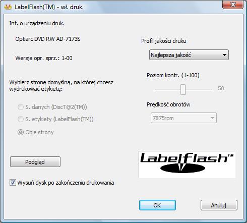 Labelflash 4. Aby zmienić obszar, w którym wydrukowana została etykieta, odpowiednio zmień obszar wydruku za pomocą pól wejściowych Promień wewnętrznych i Szerokość. 5.