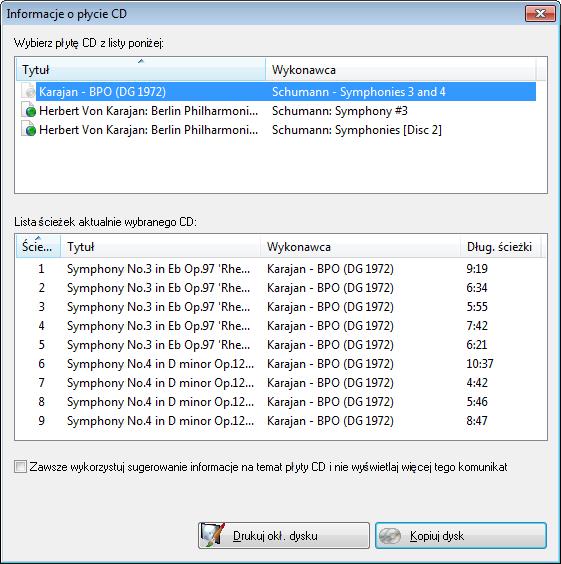 Kopiowanie płyty 11.4 Skopiuj płytę audio CD Okno Informacje o płycie CD wyświetlane jest po rozpoczęciu kopiowania płyty audio CD.