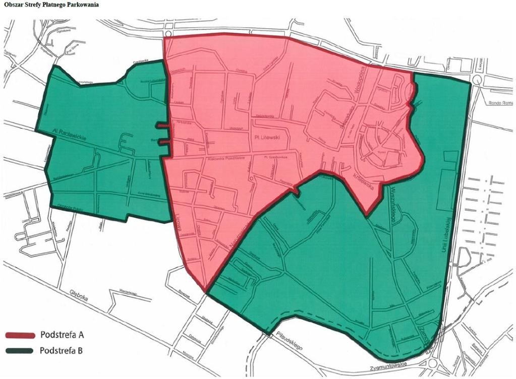 Rys. 7.10 Obszar Strefy Płatnego Parkowania w Lublinie [źródło: Uchwała nr 330/XI/2015 Rady Miasta Lublin z dn. 19 listopada 2015 r.