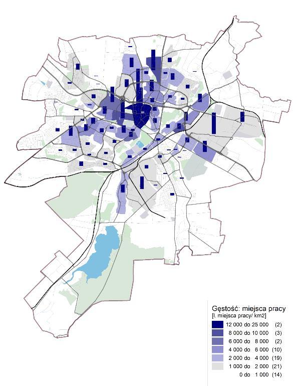 Uwarunkowania i Diagnoza Miejsca pracy Zdecydowanie największa gęstość miejsc pracy jest w obszarze Śródmieścia pomiędzy ulicami: al. Solidarności, Lubartowską, Lipową, Wieniawską.