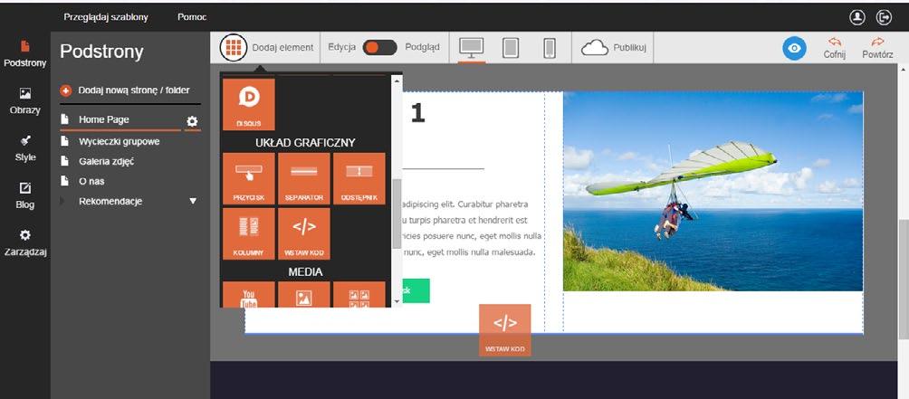 Dodawanie niestandardowych elementów na stronie (Tylko w kreatorach Click Web Premium i Unlimited) Click Web oferuje pełną