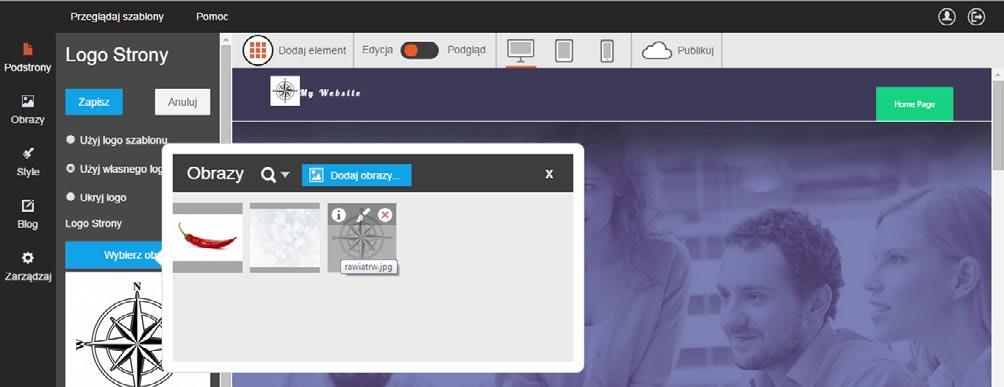 Ustawienie własnego logotypu W miejsce standardowego logotypu możesz wstawić własne logo. Zmiany rozpocznij od kliknięcia logotypu strony. Uruchomi się pasek edycji.