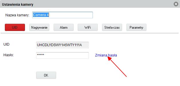 .1.1 Zmiana hasła dostępu do kamery W menu ustawienia kamery zakładce UID, kliknij zmiana hasła Pojawi się menu