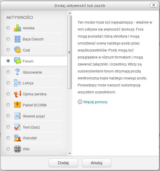 Kolejne ustawienie Rodzaj forum wybieramy w zależności od przeznaczenia naszego forum. Do dyspozycji mamy pięć rodzajów dyskusji.