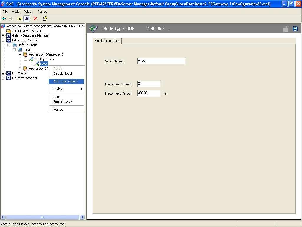Zaznaczając w drzewie konfiguracji obiekt Excel, naleŝy kliknąć prawym przyciskiem myszy i wybrać opcję Add