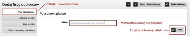 ). Aby wprowadzić nową listę odbiorców, użyj przycisku Dodaj listę odbiorców (Screenshot 13.). Screenshot 13. Wyświetlanie listy odbiorców Newslettera i jej funkcje.