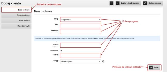 dotyczącej nowego użytkownika. W pierwszej zakładce: Dane osobowe niezbędne jest wypełnienie zaznaczonych pól obowiązkowych (Screenshot 3.