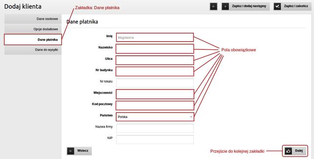 W zakładce Opcje dodatkowe możesz wprowadzić tekst opisujący klienta, a poprzez zaznaczenie checkboxa znajdującego się u dołu zakładki (Screenshot 4.