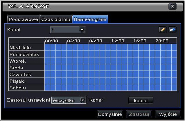 Harmonogram działania wejścia alarmowego: Utwórz harmonogram alarmów w taki sam sposób jak harmonogram nagrywania w/g czasu; patrz punkt 5.4.1. 5.5.2.