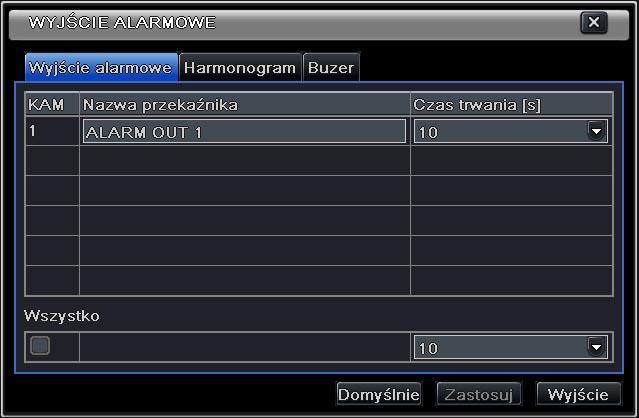 5.5.5. Wyjścia alarmowe (dotyczy modeli wyposażonych w wyjścia alarmowe) Menu główne Ustawienia Alarm Wyjście alarmowe Zakładka Wyjście alarmowe : Możesz nadać nazwę przekaźnikowi alarmowemu i wybrać