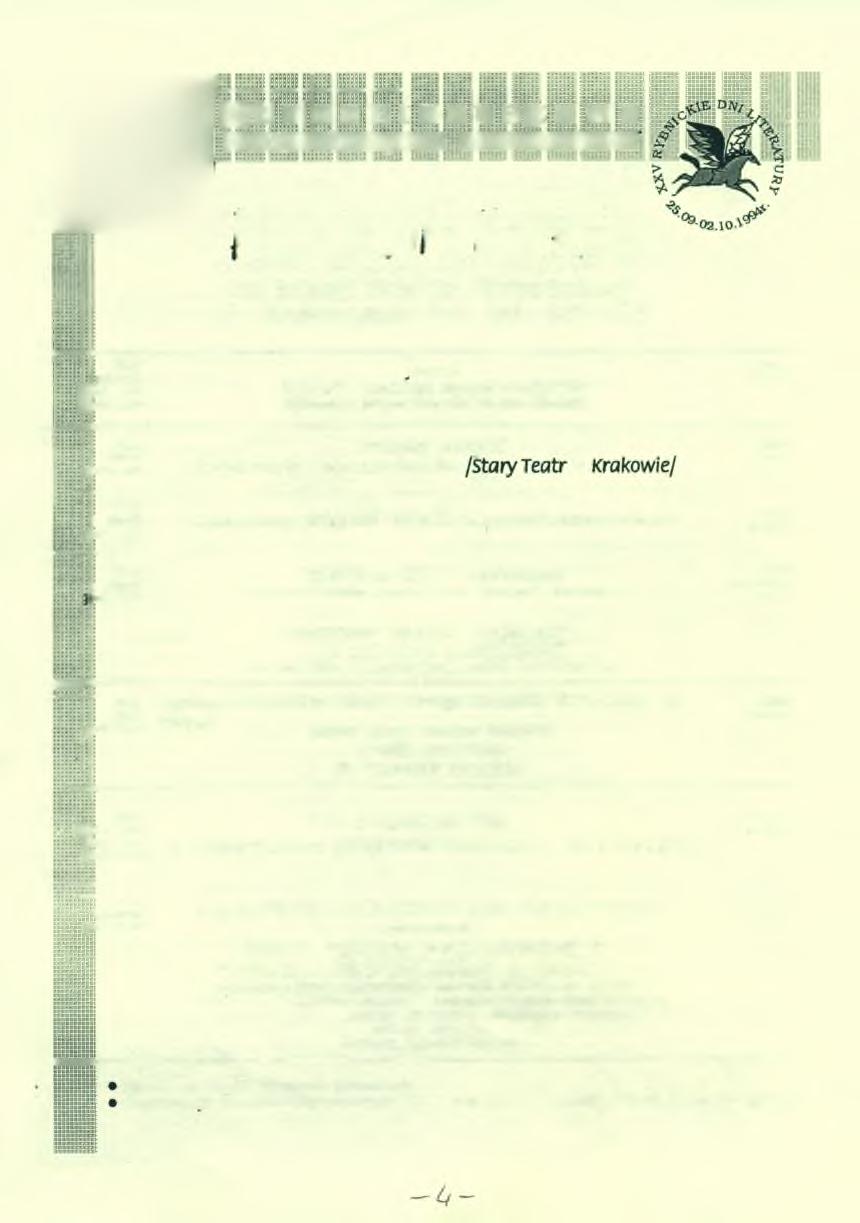 X X V J U B I L E U S Z O W E R Y B N IC K IE D N I L IT E R A T U R Y PROGRAM IMPREZ na Małej Scenie Rybnickiej ul. Kościuszki 54, tel. 23-195 26.09 p o n ied z. god z.9.00 god z.11.00 J.