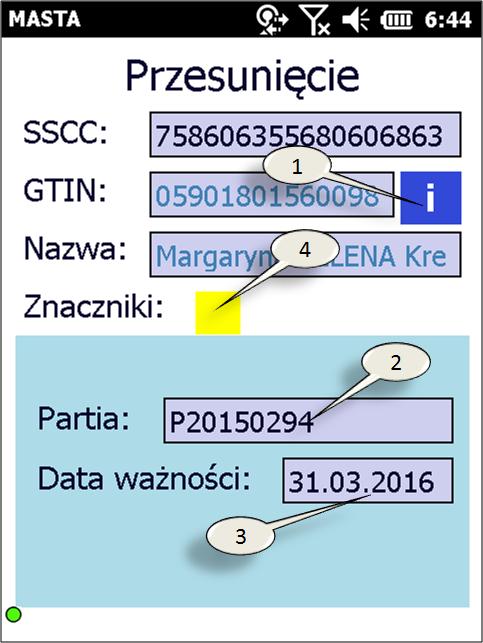 MASTA rys. 119. Przyjęcie nowej palety z wykorzystaniem terminala potwierdzenie przyjęcia Dodatkowe informacje o palecie Na formatce widocznej na rys.