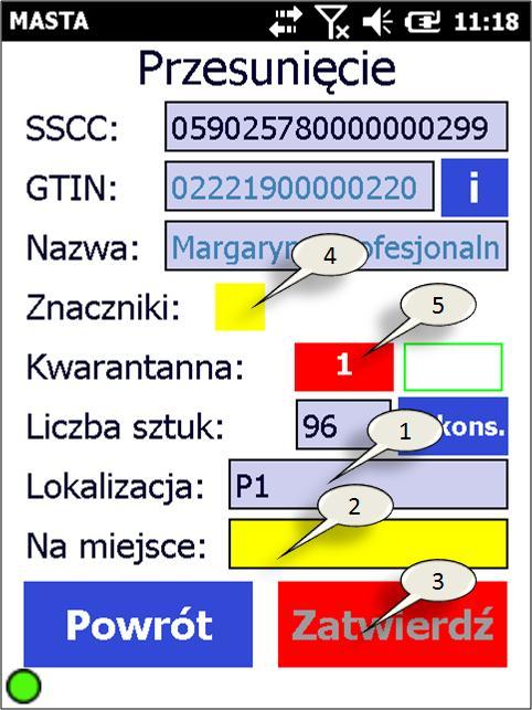 MASTA nym. Ponadto na ekranie terminala widoczny jest aktualny znacznik palety (4) oraz czas kwarantanny ciepłej (5). Na rys.