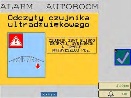 Rozdział 4 Czujnik ultradźwiękowy - alarm zbyt małej wysokości - alarm ten występuje, gdy czujnik ultradźwiękowy znajdzie się bliżej niż 13 cm od podłoża przez ponad 1/2 sekundy.