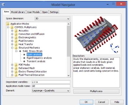 Rys.1. Wybór modułu obliczeniowego Prezentacja modelu po wczytaniu do programu COMSOL: Rys.