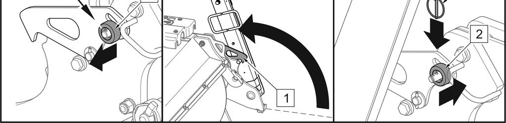ROZDZIAŁ 4 PRONAR ZM-2300M Unieść ręcznie szczotkę boczną do momentu zablokowania się zapadki (1) z ramieniem szczotki. Dokręcić pokrętło (2) blokady zapadki i włożyć zawleczkę (1) w otwór (II).