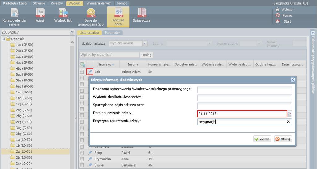 daty opuszczenia szkoły (w module Sekretariat lub w