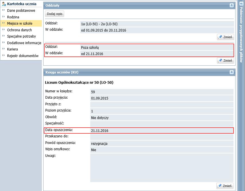 UONET+, wersja 16.12 opis zmian 4 Należy jednak pamiętać, że modyfikacja daty opuszczenia w sekcji Księga uczniów nie powoduje automatycznej zmiany daty we wpisie w sekcji Oddziały.