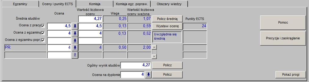 Te same parametru wykorzystywane są przy obliczaniu danych drukowanych na raporcie Protokół egzaminu dyplomowego (p. 13.7).