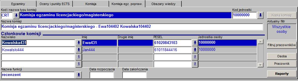 W komisji powinien się znaleźć opiekun pracy, recenzent (te osoby dostaną uprawnienia do edycji recenzji w APD) oraz przewodniczący. Rys. 18 Formularz dyplomów i egzaminów, zakładka Komisja 12.4.