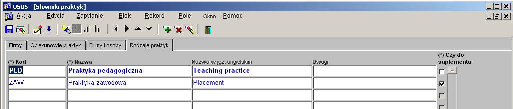 dz_rodzaje_praktyk pole nazwa (nazwa_ang), dz_praktyki pole dane_do_suplementu (dane_do_suplementu_ang), dz_osoby_praktyk pola data_rozpoczecia, data_zakonczenia, dz_firmy pole nazwa (nazwa_ang).