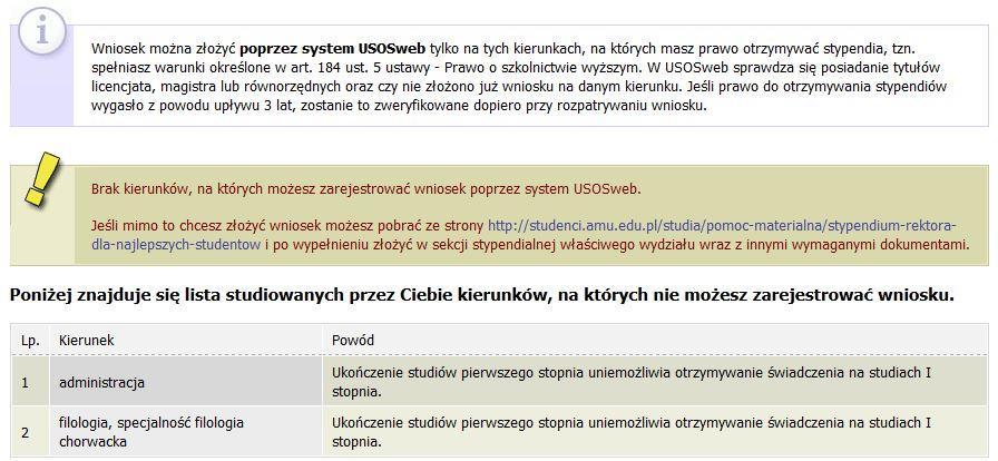 Jeżeli posiadasz takie uprawnienia, pojawi się ekran, na którym musisz wybrać kierunek, w ramach którego będziesz składał wniosek.