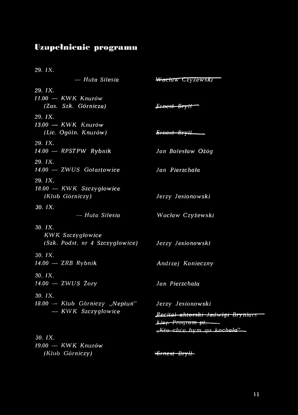00 KWK Knurów (Klub Górniczy) W acław Czyżewski Ernest Bryll Erne s t Bryll Jan Bolesław Ożóg Jan Pierzchała Jerzy Jesionowski