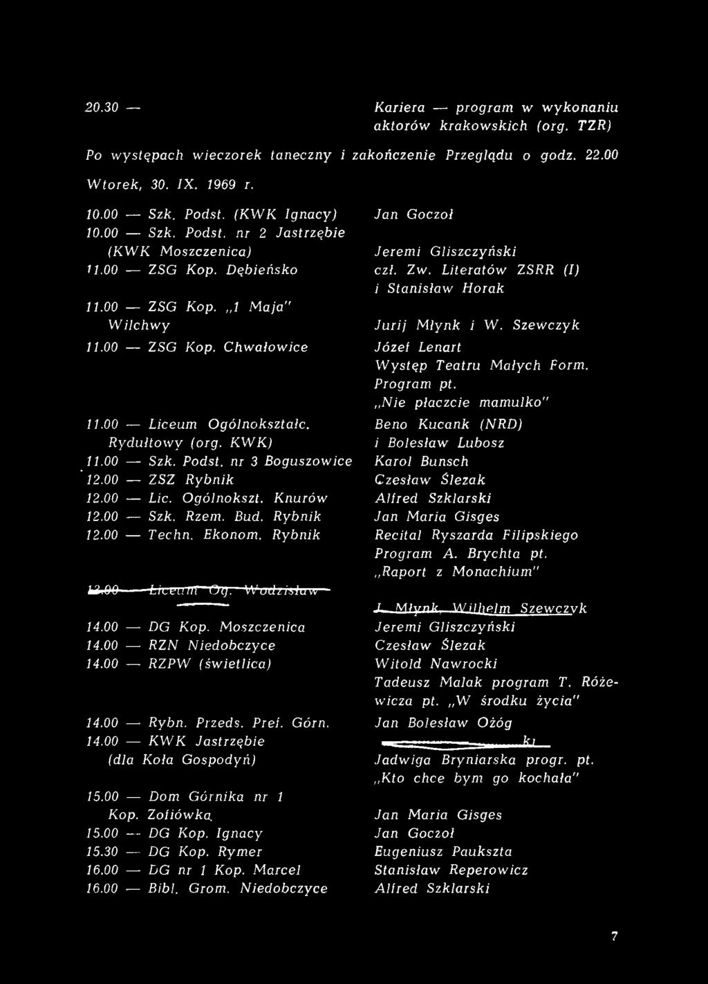 00 DG nr 1 Kop. Marcel 16.00 Bibl. Grom. Niedobczyce Jan Goczoł Jeremi Gliszczyński czł. Zw. Literatów ZSRR (I) i Stanisław Horak Jurij Młynk i W. Szewczyk Józef Lenart Występ Teatru Małych Form.
