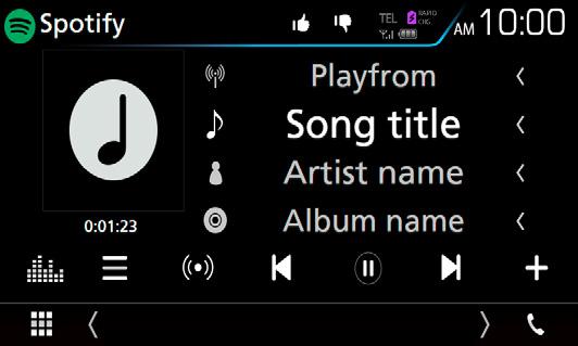 Aplikacje Android Auto /Apple CarPlay/Mirroring Obsługa serwisu Spotify Używając tego urządzenia, można słuchać muzyki z serwisu Spotify, sterując aplikacją zainstalowaną na urządzeniu iphone lub