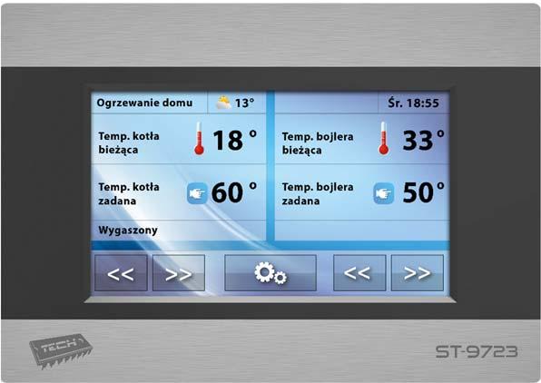 Możemy wybrać jeden z dostępnych widoków (Temperatury kotła, Wykres temperatury kotła, Temperatury bojlera, Wykres temperatury bojlera, Funkcję Rozpalanie/Wygaszanie, Widok zapasu paliwa, Parametry