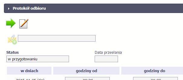 10.4.1. Przesłanie protokołu odbioru Po uzupełnieniu danych w sekcji dotyczącej protokołu odbioru, zapisane w systemie informacje mogą być: Edytowane za pomocą funkcji Edytuj Przesłane do instytucji