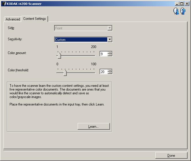 7. Przejdź do karty Content Settings (Ustawienia zawartości). 8. Wybierz opcję Sensitivity (Czułość). 9. Kliknij przycisk Done (Gotowe), aby powrócić do okna Image Settings (Ustawienia obrazu).