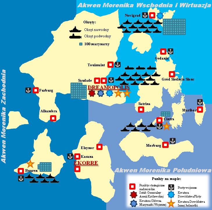 Mapa morska Na koniec lutego 2013 roku w KMW służbę pełniło 42.370 ludzi. Część z nich zorganizowano w jednostki floty: FLOTA NAWODNA: 1. Pierwsza Flota Królewska 6.