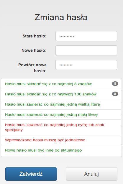 Ustalenie hasła właściwego W przypadku pierwszego logowania oraz po zresetowaniu hasła system wymusi zmianę hasła na nowe. Należy to wykonać zgodnie z podpowiedziami (Rysunek 2-3).