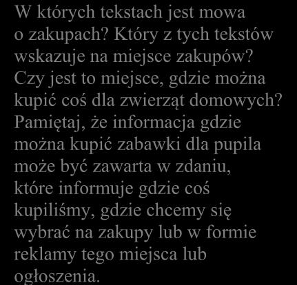 W którym tekście mówi się, że ktoś zgubił lub znalazł kota? W których tekstach mówi się o jedzeniu?