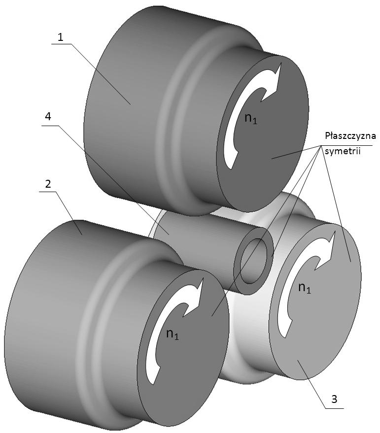 Rys. 3. Model geometryczny procesu obciskania obrotowego skrajnych stopni drążonej odkuwki wałka (opis w tekście) Model składał się z trzech jednakowych rolek wielostopniowych 1, 2, 3 oraz wsadu 4.