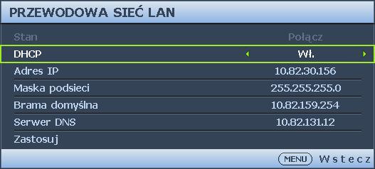 7. Wyświetlone zostaną ustawienia Adres IP, Maska podsieci, Brama domyślna i Serwer DNS. Zapisz adres IP wyświetlony w wierszu Adres IP.