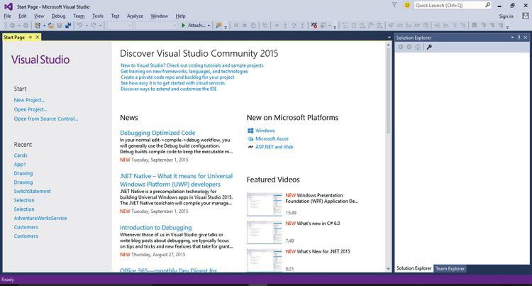 4 Część I: Wprowadzenie do języka Microsoft Visual C# Spowoduje to uruchomienie programu Visual Studio 2015 i wyświetlenie przez ten program strony Start, takiej jak ta pokazana poniżej (w zależności