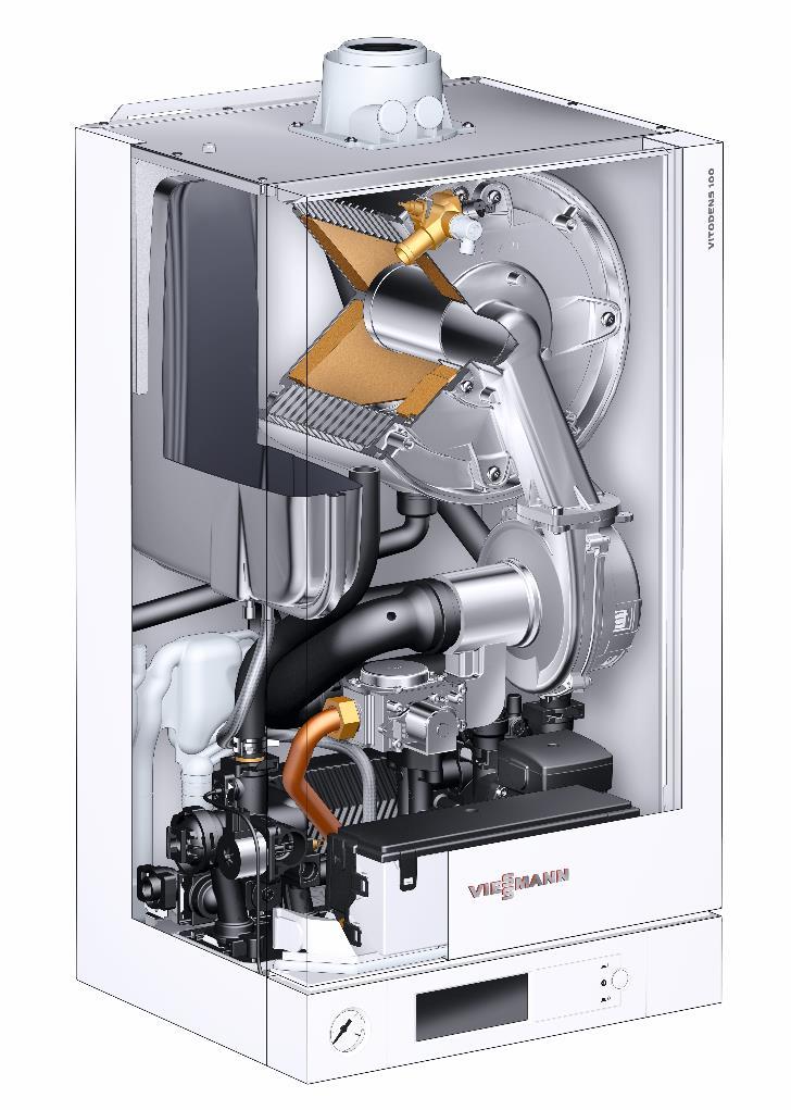 Vitodens 100-W typ B1HC, B1KC Kompaktowe wymiary Wysokość 700 mm Szerokość 400 mm Głębokość 350 mm Cyfrowy wyświetlacz z diagnostyką kotła Poziom hałasu 38 db (A) Praca stałotemperaturowa lub