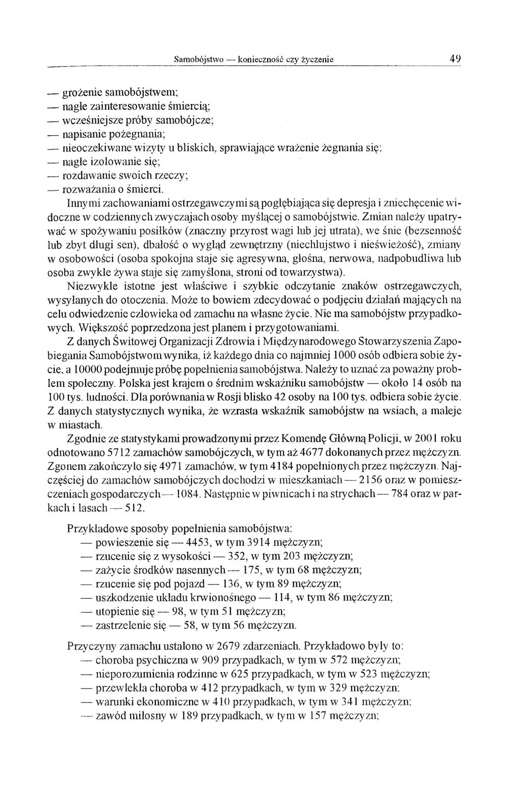 Samobójstwo konieczność czy życzenie 4 9 grożenie samobójstwem; nagle zainteresowanie śmiercią; wcześniejsze próby samobójcze; napisanie pożegnania; nieoczekiwane wizyty' u bliskich, sprawiające