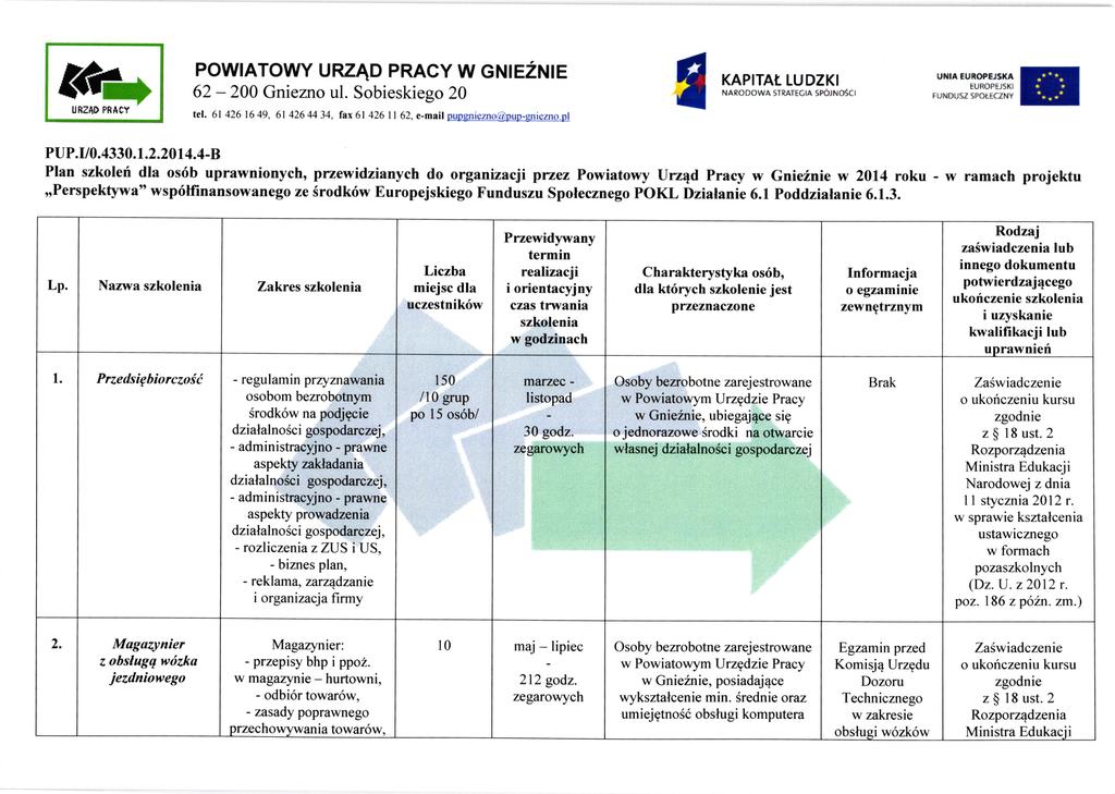 &r+ URZiD PBACY PowrATowY URZAD pracy w crureznre 200 Gniezno ul. Sobieskiego 20 tel. 61 426 16 49, 61 426 44 34. fax 61 426 I I 62, e-mail pupgniezno'(.ipuo-gniezno.pl KAPITAI.