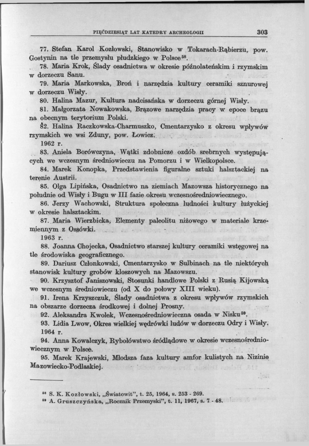 PIĘĆDZIESIĄT LAT KATEDRY ARCHEOLOGII 303 77. Stefan Karol Kozłowski, Stanowisko w Tokarach-Rąbierzu, pow. Gostynin na tle przemysłu płudzkiego w Polsce 58. 78.