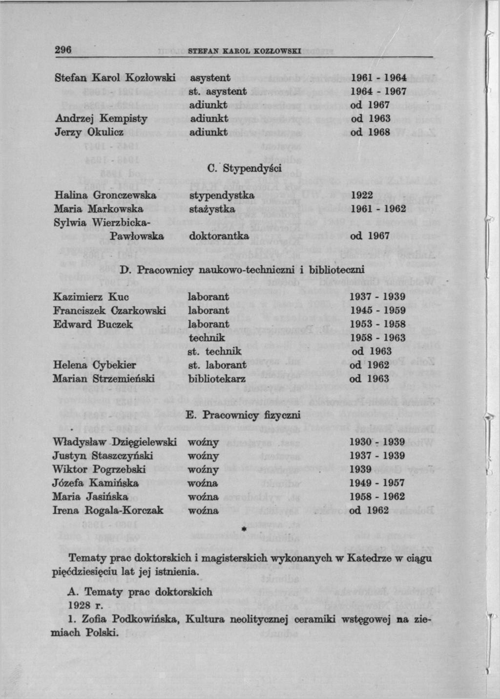 296 STEFAN KAROL KOZŁOWSKI Stefan Karol Kozłowski asystent 1961-1964 st. asystent 1964-1967 adiunkt od 1967 Andrzej Kempisty adiunkt od 1963 Jerzy Okulicz adiunkt od 1968 C.